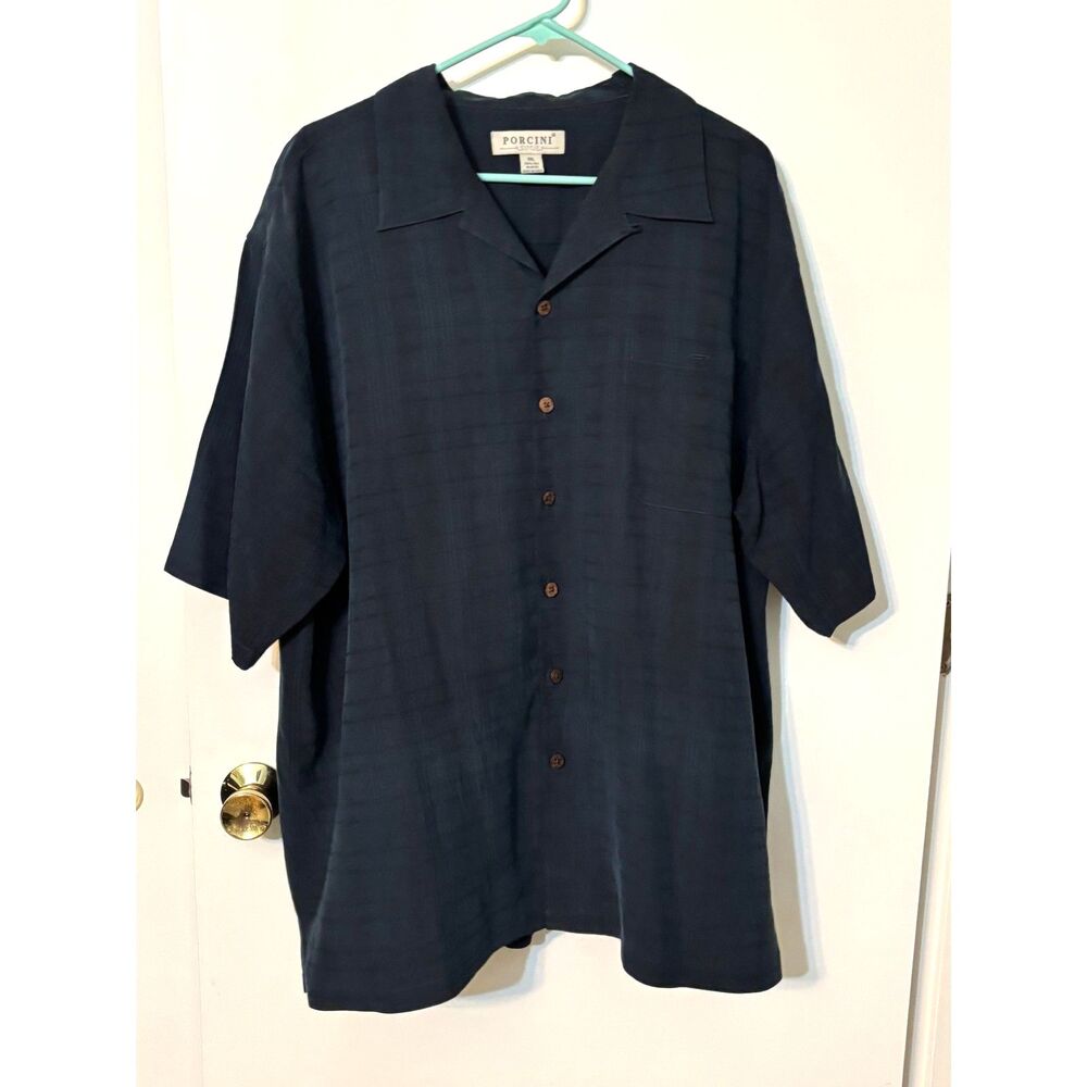Porcini 100% Silk Camp Shirt XXL Black Blue Button Front Hawaiian Casual